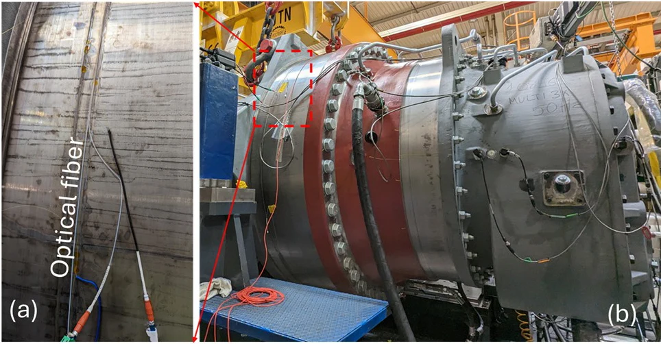 Original study photographs showing the full-scale gearbox and attached optical fibers
