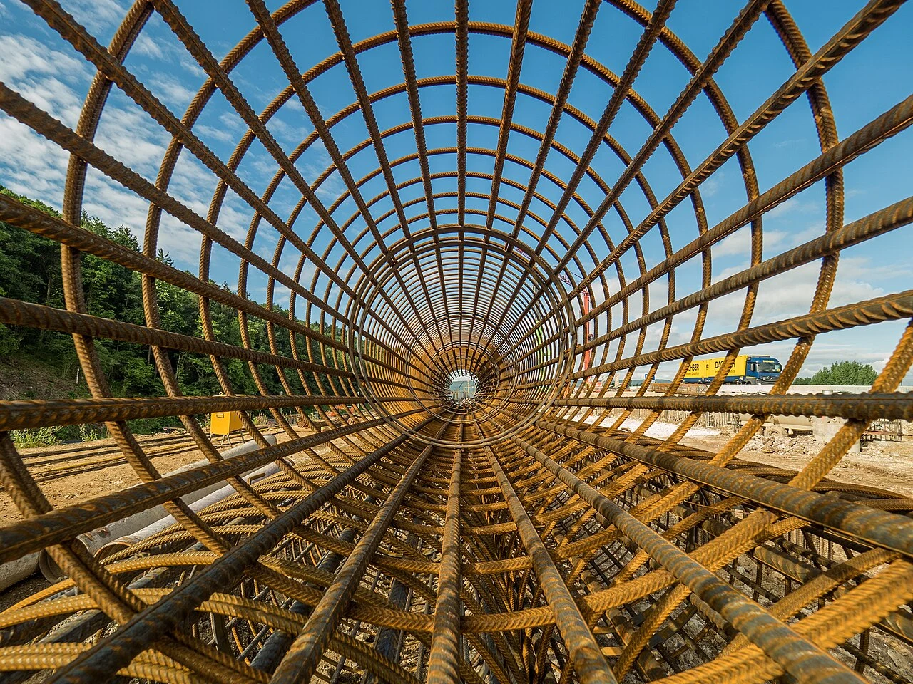 Longitudinal bars and hoops viewed from inside a pile reinforcement cage