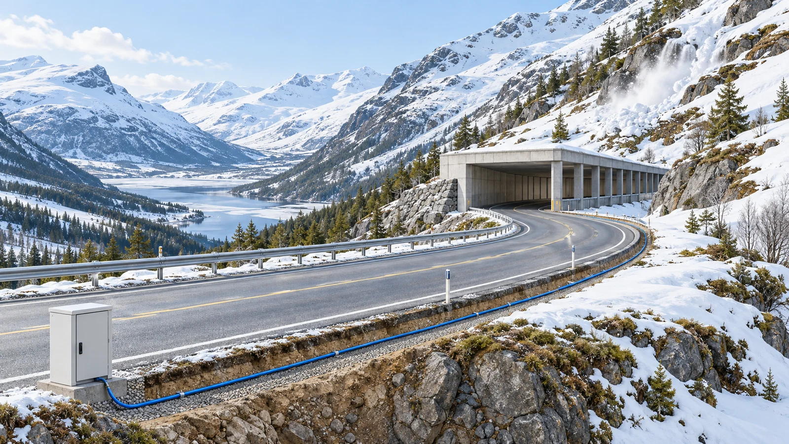Concept illustration of a mountain road, avalanche gallery and roadside fiber route